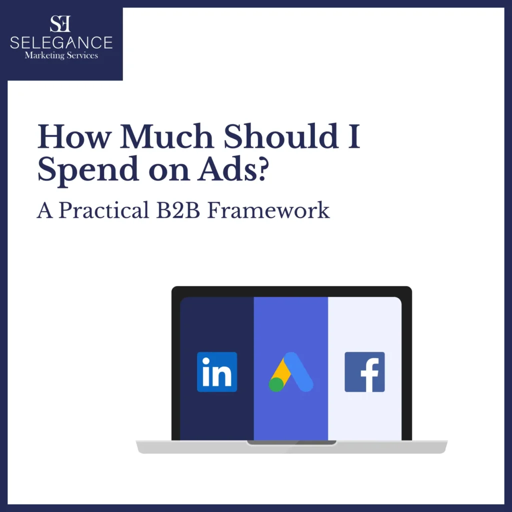 Selegance Marketing Services graphic for a B2B ad budget article, featuring a laptop with LinkedIn, Google Ads and Facebook icons on screen.